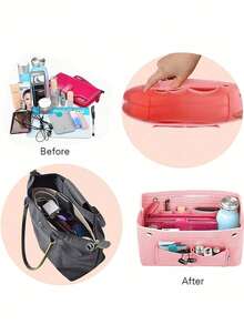 1 pieza Bolsa de maquillaje de fieltro con múltiples compartimentos y gran capacidad, puede almacenar cosméticos, llaves, teléfonos, lápices labiales, accesorio de viaje portátil y de moda - Multicolor - Ver 6