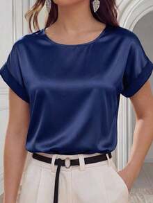 Blusa suelta elegante de verano para mujer con cuello redondo, mangas cortas tipo murciélago y unicolor - Blusas de manga corta - Azul marino - Ver 1