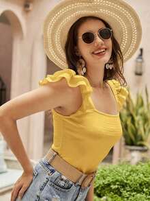 Camiseta de cuello cuadrado ribete con fruncido - Amarillo - Ver 5