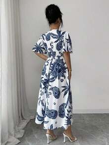 Vestido midi elegante con cuello en V cruzado, de manga corta y estampado de lunares para mujer - Azul y blanco - Ver 2