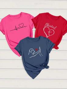 Women's Casual T-Shirt With Heart And ECG Print, Single Garment, Not A 3-Piece Set, 1 Piece/Set Of Short-Sleeved T-Shirts Suitable For Streetwear, Oversized Round Neck Top For Daily Outings, Camping, Concerts, Hip-Hop, Rock And Rap Events, And Women's Letter Print Graphic T-Shirts. - 黑色 - 查看 8