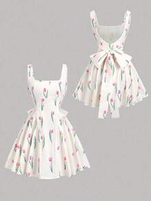 Vestido mini para mujer de alta gama, de estilo retroamericano, con estampado floral, espalda descubierta, corte slim, plisado, cuello asimétrico sin mangas y lunares - Multicolor - Ver 2