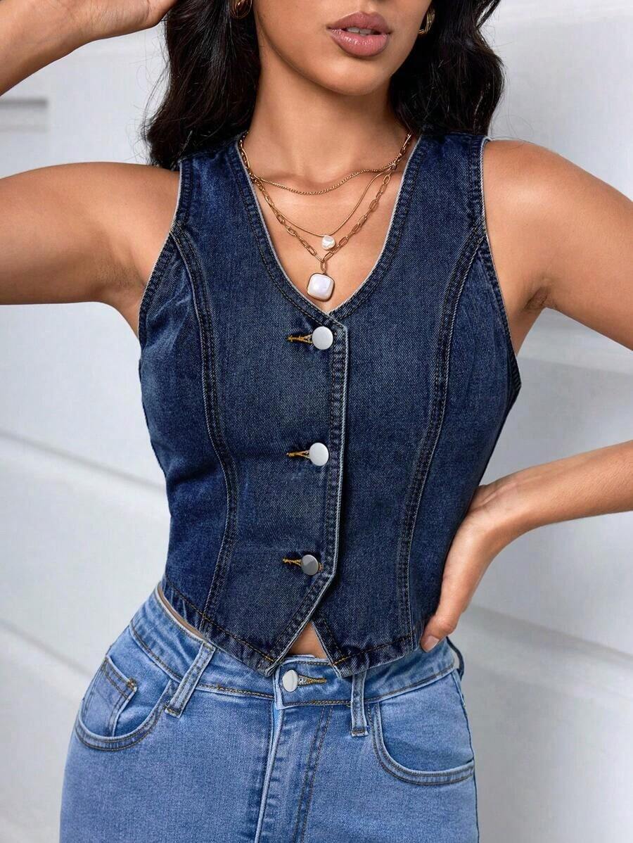 Chaleco vaquero de mujer de un solo pecho con lunares - Azul lavado oscuro - Ver 1