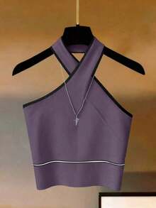 Blusa de cuello halter blanca con ribete negro.Ropa de playa, adecuada para otoño e invierno, uso casual en la oficina, versátil, Navidad, Año Nuevo, uso casual y elegante diario, atuendo profesional de maestro urbano - Morado - Ver 4