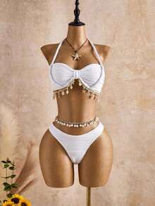 Conjunto de tankini de mujer con tirantes finos, patrón de onda beige con decoración de concha marina y estrella, para primavera/verano/otoño, conjunto de ropa de vacaciones para mujer, traje de baño de bikini con cobertura, conjunto de ropa de v - Blanco - Ver 4
