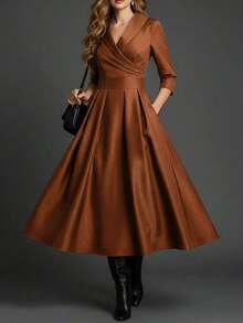 elegante y de moda francés al estilo europeo y americano, vestido formal de cintura ceñida de estilo minimalista, vacacional y casual japonés y coreano, vestido de dama elegante y sexy de escote profundo en V y ajustado al Body para otoño/invierno - Marrón - Ver 4