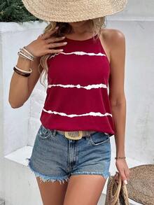 Top sin mangas de verano casual con estampado de rayas y cuello halter para mujer - Burdeos - Ver 3