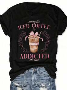 1 pieza de ropa para mujer, camiseta negra con estampado de café helado, camiseta unisex casual de cuello redondo, tela de punto ligera de 220 g/m², lavable a máquina, para primavera/verano/otoño, Día de San Valentín, Día Nacional del Café. - Negro - Ver 7