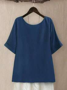 Top holgada de cuello redondo para mujer de talla grande en color verde salvia texturizado, para uso casual/diario/al aire libre/minimalista/vacaciones que estiliza, para primavera/verano - Azul - Ver 2