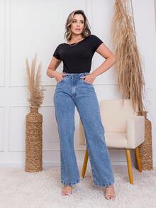 Jeans cintura alta perna larga/Estas calças não têm elasticidade e o tecido é 100% algodão - Azul Céu - Visão 1