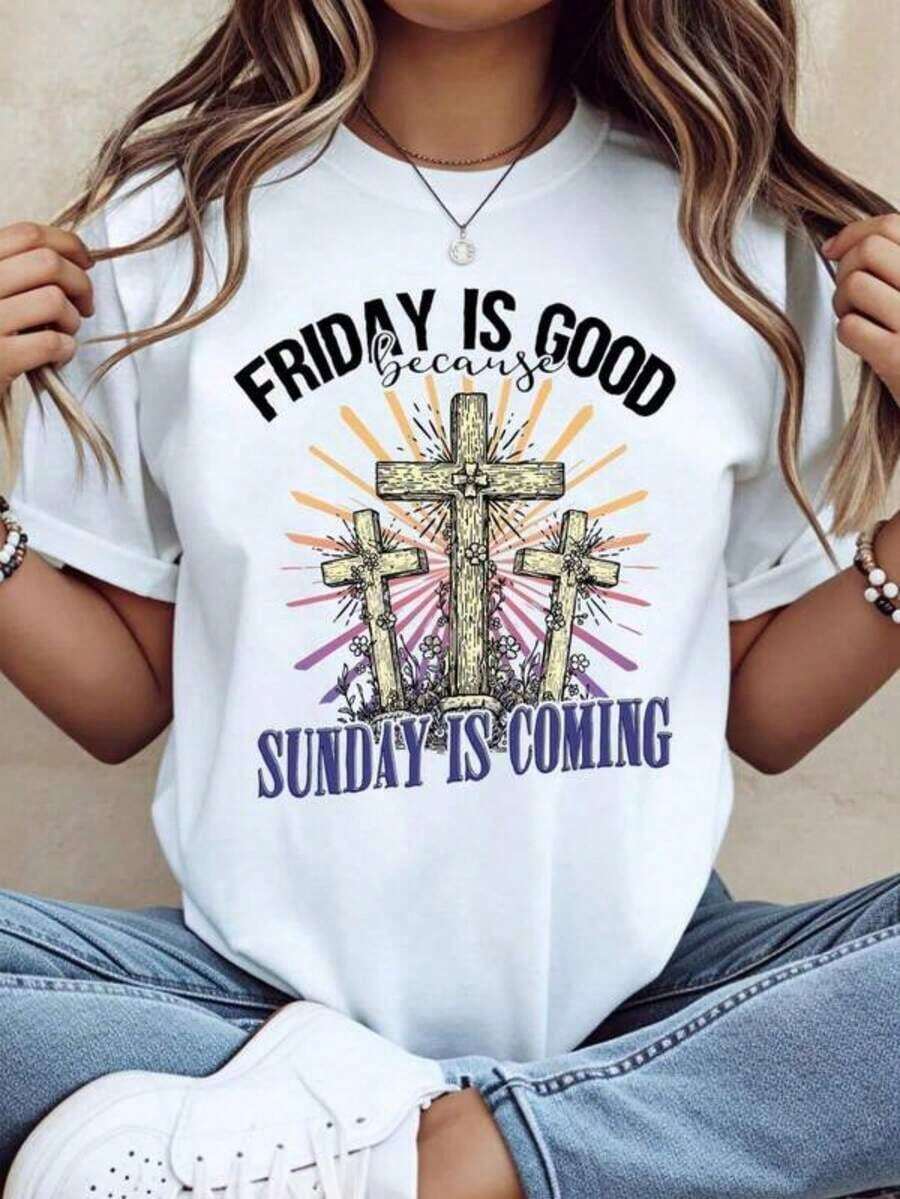 Camisetas Casuales para Mujer, Camiseta Cristiana con Diseño de Cruz "El Viernes Es Bueno Porque Viene el Domingo", Camiseta para Mujer, Estilo Y2K, Camisetas de Moda de Verano, Conjuntos y - Blanco - Ver 1