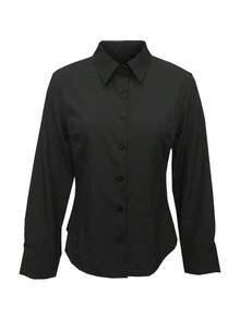 Camisa de manga larga de unicolor para mujer, con diseño de cuello para mostrar un aspecto profesional y capaz, hecha de tela cómoda.Negro primaveral - Negro - Ver 5