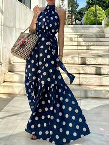 Vestido de verano negro casual y elegante con estampado de lunares, lazo en la cintura, volantes en el bajo y cuello halter para mujer en vacaciones - Azul marino - Ver 4