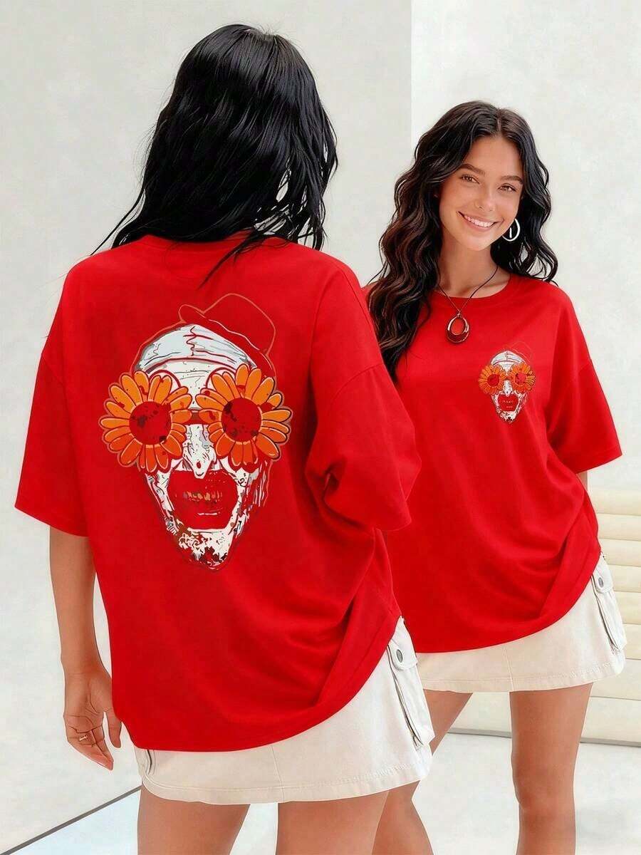 Skull With Vibrant Sunflowers Obscuring Its Eyes, Women's T-Shirt, 100% Cotton; Represents A Colorful And Optimistic Rebirth, Celebrating Life In Memory Of The Deceased. Suitable For Spring, Summer And Autumn - 紅色 - 查看 1