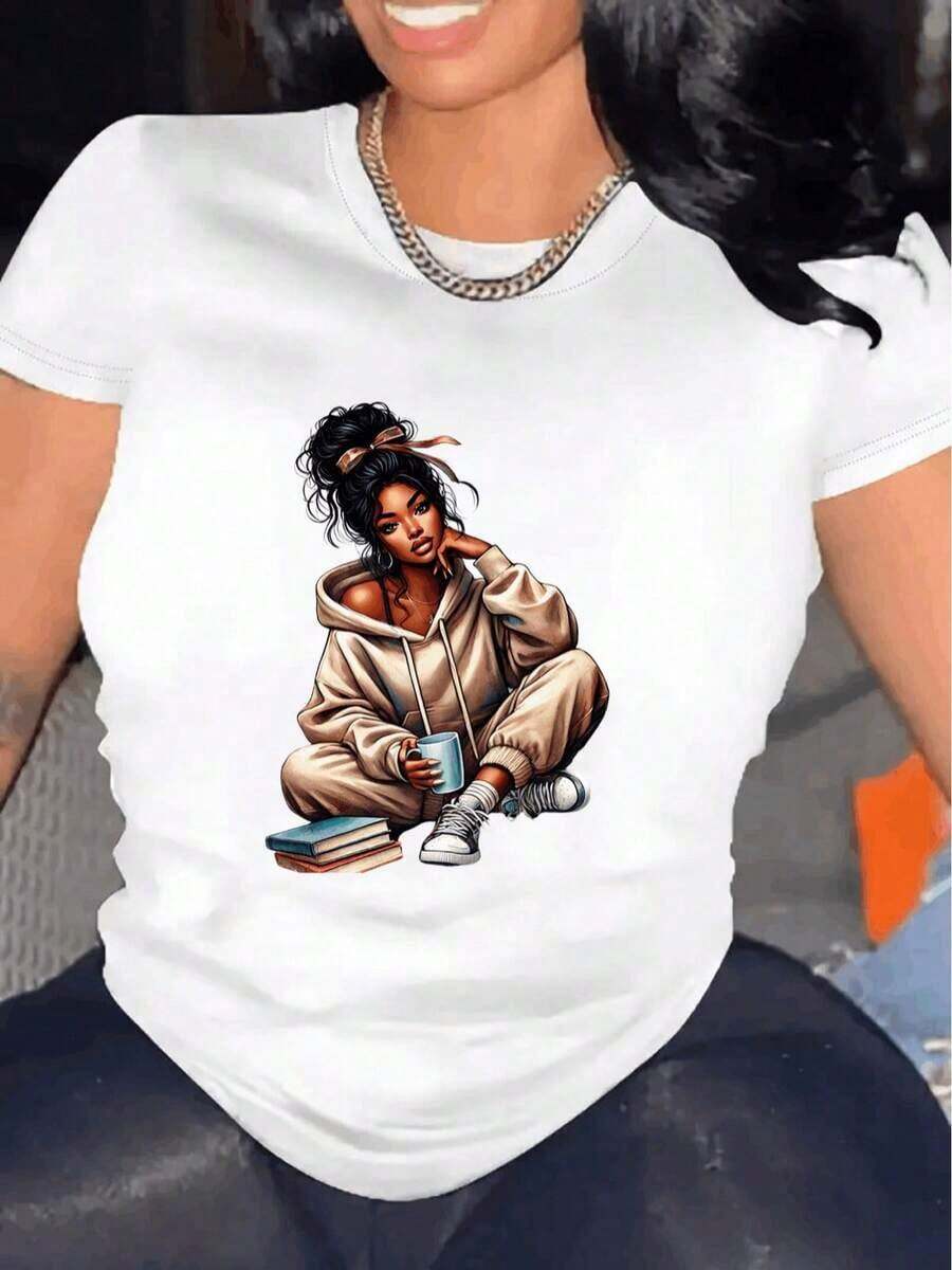 Women's Casual Short-Sleeve T-Shirt With Portrait Graphic Illustration, Summer Wear, Oversized T-Shirt, Casual Streetwear, Round Neck, Cotton, Summer Fashion, Loose-Fitting Everyday Outfit For Women, Suitable For Spring, Summer And Autumn. - 白色 - 查看 1