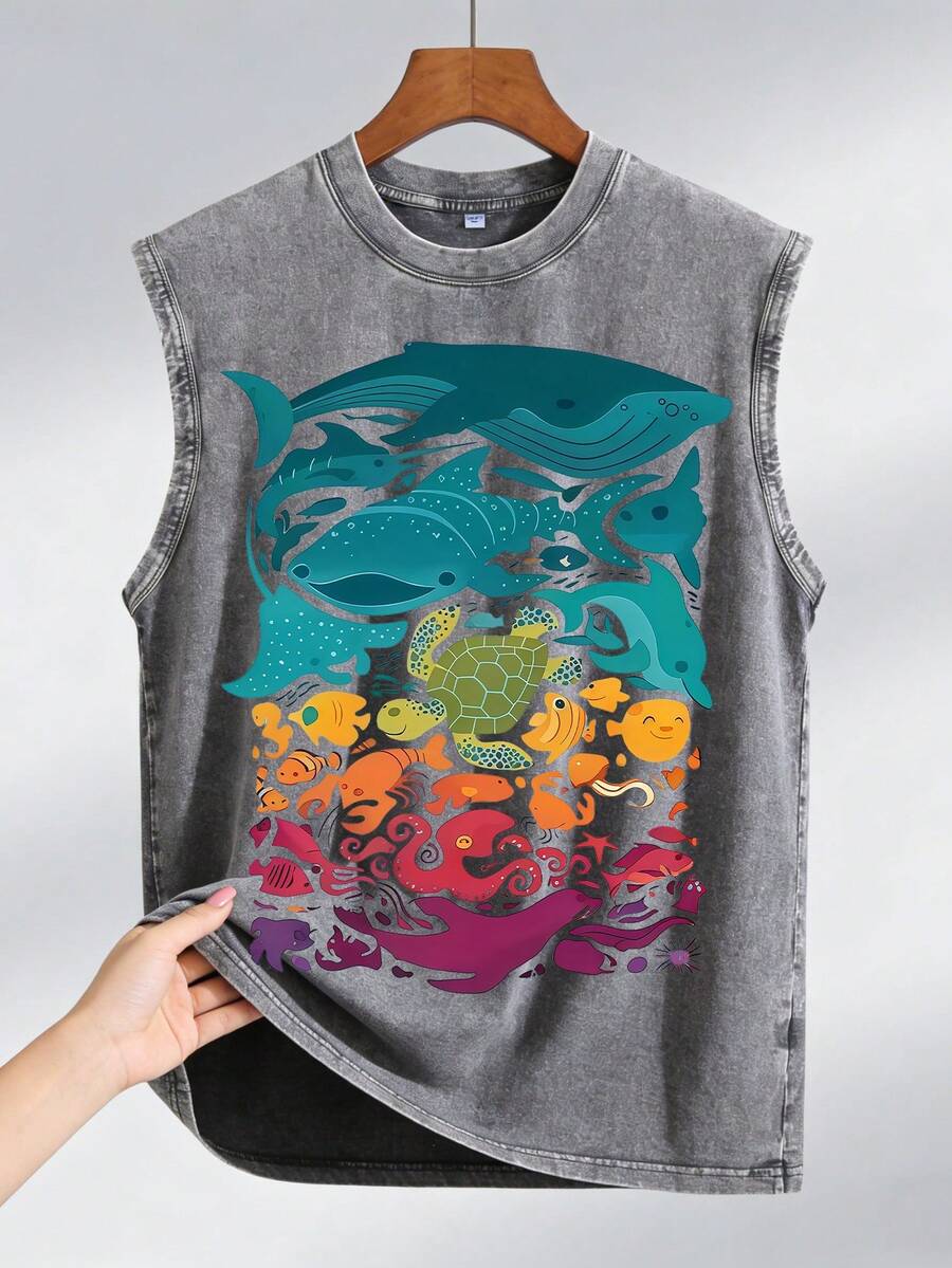 Fun Ocean Style Rainbow Gradient Sea Creatures Graphic Printed 210GSM 100% Cotton Sleeveless Tank Top, Unisex Casual Daily Wear, Ideal For Summer, Back To School, Holiday Gifts, Essential Mens Clothes, Graphic Tees Men - 灰色 - 查看 1