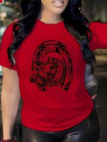 Sudadera Deportiva Casual de Manga Corta con Estampado de Caballo para Mujer, Camiseta de Algodón Estampada de Manga Corta para Mujer, Adecuada para primavera, verano y otoño - Rojo - Ver 1