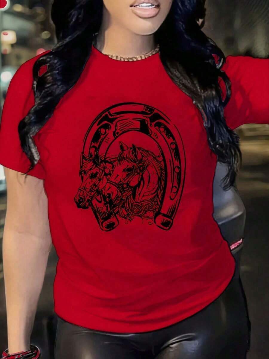Sudadera Deportiva Casual de Manga Corta con Estampado de Caballo para Mujer, Camiseta de Algodón Estampada de Manga Corta para Mujer, Adecuada para primavera, verano y otoño - Rojo - Ver 1