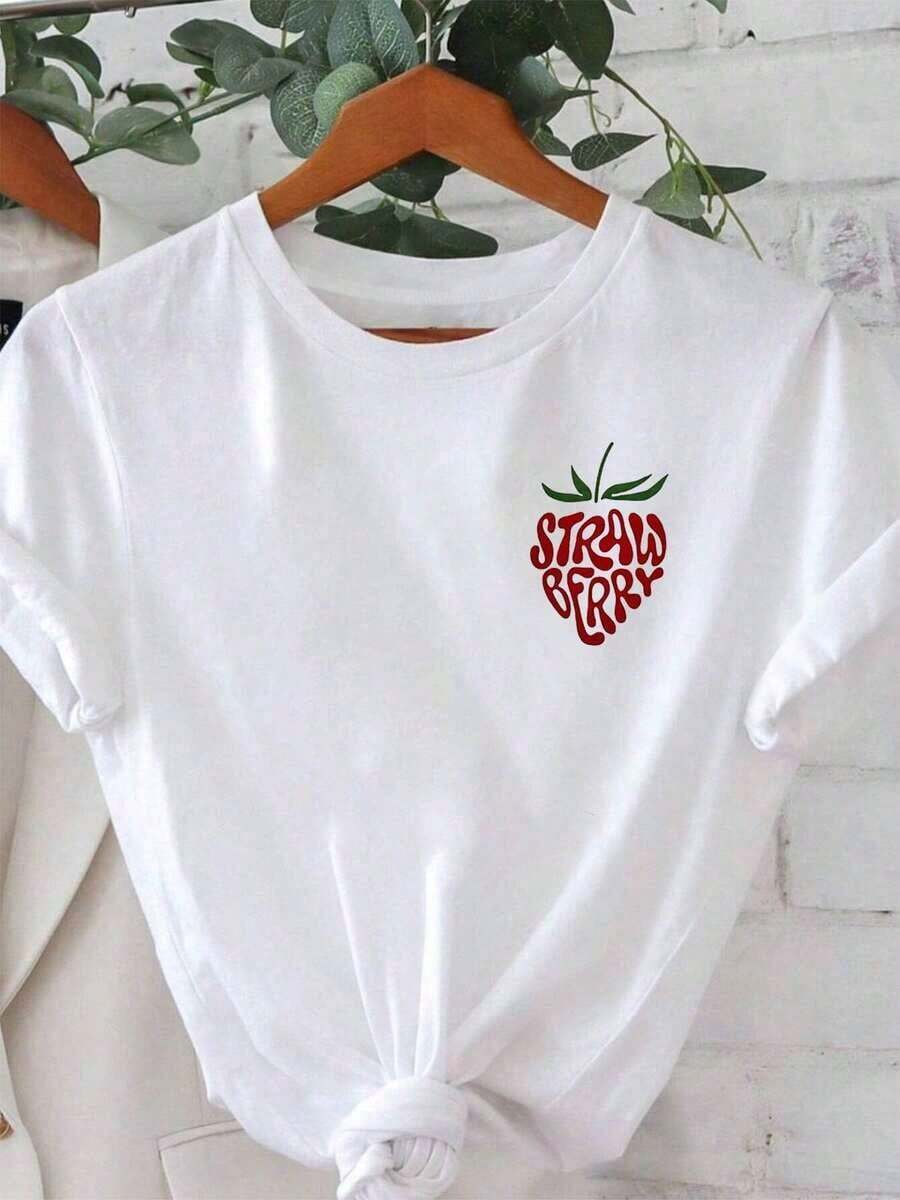 Women's Casual T-Shirt With Strawberry Print, Short Sleeve, Round Neck - Spring Summer Casual Blouse With Strawberry And Fruit Print, Comfortable Medium Elasticity Casual Wear, Machine Washable, Ideal For Casual Outfits (Not 100% Cotton), Durable - 白色 - 查看 1