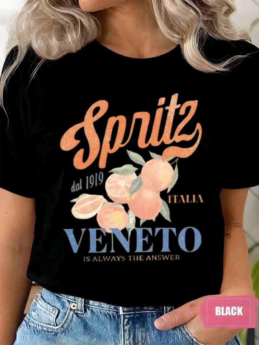 Spritz Veneto Italia Women's Casual T-Shirt With Orange Fruit Print, Short Sleeve, Round Neck, 220g, 100% Cotton, Durable - 黑色 - 查看 1