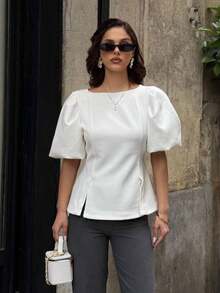 Women's Casual Blouse With Puff Sleeves, Round Neck, Solid Color, Split Hem, New Summer Fashion Elegant Apparel White - White - View 3
