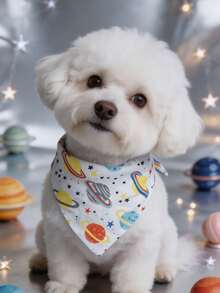 灰色聚酯纖維行星印花寵物圍巾領巾，Happy Little Dog，適合小型至中型貓狗（比熊、泰迪），適合居家或戶外全年穿戴，不適合大型犬種 - 淺灰色 - 查看 2