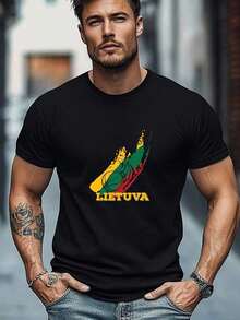 Men's T-Shirt With Lithuanian Flag And Lithuanian National Team Logo - Green, Red, And Yellow Lithuanian Print, Casual And Wearable, Basketball Fan Apparel, Breathable Short-Sleeve Crew Neck T-Shirt For Gym, Outdoor Activities, Ideal Gift. Women's T-Shirt. Stylish. Bohemian Style. Soft, Breathable, And Comfortable Garment, Perfect For Spring, Summer, And Fall; Ideal For Vacations, Travel, And Everyday Wear. Perfect For Watching A Game. - 黑色 - 查看 7