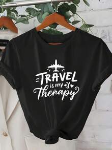 1 Women's Short Sleeve Summer T-Shirt - 2D Geometric Airplane Design With "Travel Is My Therapy" Print. Modern Urban Style. | Youthful Design | Comfortable Fit, Beautiful Clothing. A Very Distinctive Printed T-Shirt / Unisex Style / Suitable For Both Men And Women / Wrinkle-Resistant / Breathable - 黑色 - 查看 1