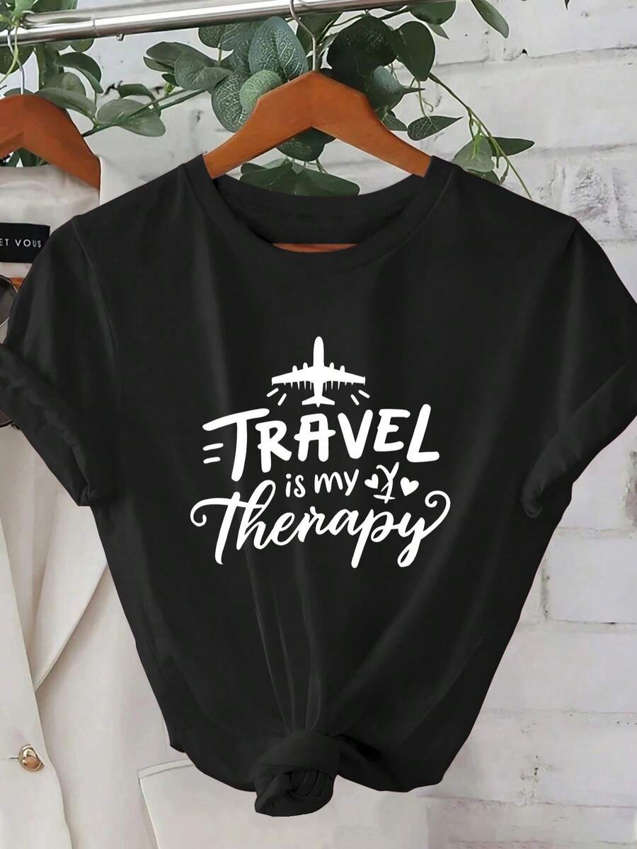 1 Women's Short Sleeve Summer T-Shirt - 2D Geometric Airplane Design With "Travel Is My Therapy" Print. Modern Urban Style. | Youthful Design | Comfortable Fit, Beautiful Clothing. A Very Distinctive Printed T-Shirt / Unisex Style / Suitable For Both Men And Women / Wrinkle-Resistant / Breathable - 黑色 - 查看 1