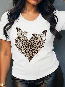 Short-Sleeved T-Shirt With Leopard And Butterfly Heart Print - Casual Round Neck Top Suitable For Travel, Vacation, Casual Wear - Soft Medium Stretch Fabric, Machine Washable Blouse - 白色 - 查看 1