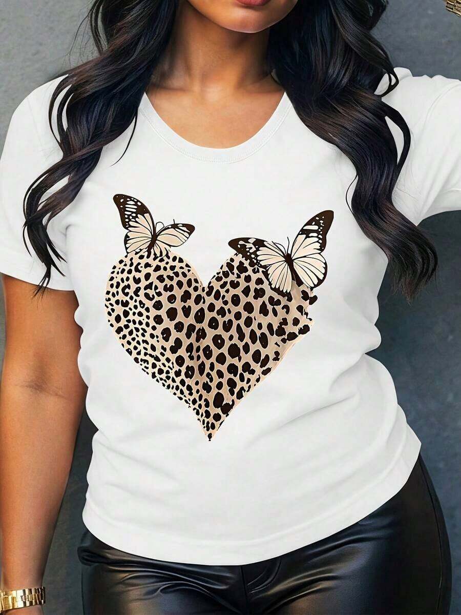 Short-Sleeved T-Shirt With Leopard And Butterfly Heart Print - Casual Round Neck Top Suitable For Travel, Vacation, Casual Wear - Soft Medium Stretch Fabric, Machine Washable Blouse - 白色 - 查看 1