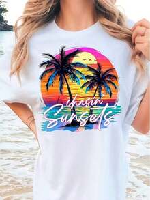 Vintage Vintage Single Piece Women's T-Shirt Sunset Palm Tree Beach Print Curtain Pure White Background Aesthetic Design Suitable For Home, Outdoor Leisure Or Fitness Wear Machine Washable Christmas, Valentine's Day And Other Holiday Gifts Women's T-ShirtCamiseta Algodón Ropa Casual  Ropa Casual - Blanco - Ver 7
