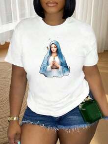 Vintage Women's Crew Neck T-Shirt With Religious Portrait Of Jesus And The Virgin Mary, Catholic Faith Gift, Cotton T-Shirt, Christian Faith Clothing, Gift For Christmas, Party, Women's T-Shirt Top > Basic - 白色 - 查看 5