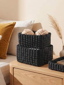 1 pieza/(S+M+L)3 piezas Cestas de almacenamiento tejidas con cuerda de papel negro, organizadores rectangulares apilables tejidos a mano, multiusos rústicos de estilo granja para baño, dormitorio, sala de estar, cocina, cosméticos, artículos de tocador y pequeños artículos - Negro - Ver 2
