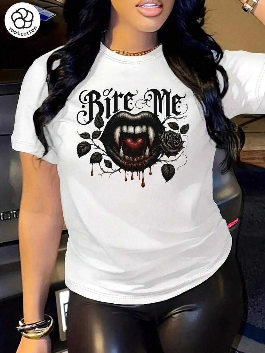 Bite E Women's Retro Cartoon Short Sleeve T-Shirt, Vampire Themed, For Spring/Summer, Casual/Vacation/Outdoor Activities, Available In Local Warehouse, Casual And Stylish. - 白色 - 查看 1