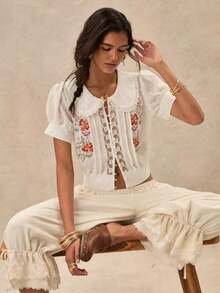 Blusa romántica con parches de encaje bordado para mujer, ideal para vacaciones de verano en la playa - Blanco - Ver 5