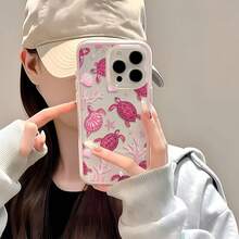 1pc Pink Frame Transparent Minimalist Lens Protection Anti-Fall Anti-Collision Full Screen Coral Turtle Pattern Phone Case, Personalized For IPhone 16 Pro Max, 17/16/15/14 Plus/13/12/11, Air, Suitable For Samsung Series - Multicolor - View 5