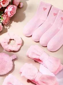 5pcs Pink SPA Supplies Set - Includes 1pc Socks, 1pc Gauze Bag, 1pc Hair Tie, 1pc Headband And 1pc Eye Mask. Pink Theme Hair Accessories, Socks And Eye Mask Gift Set, Perfect For Theme Parties, Wedding Parties, Bridal Showers, Birthday Celebrations, Housewarming Parties And More. - One Size Fits All - View 2