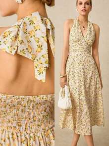 Vestido con espalda descubierta de cuello halter, cintura fruncida y estampado floral diminuto amarillo, adecuado para vacaciones - Multicolor - Ver 9