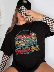 1 Piece, Unisex Short Sleeve Crew Neck T-Shirt, 180g, Retro Dinosaur Family Print With Sunset Palm Trees, Y2K Bababask Inspired Style, 100% Pure Cotton, Casual And Versatile For Urban Wear, Daily Outings, Summer, Camping, Concerts, Hip-Hop/Rock/Rap Events And Beachwear. Ideal For Festivals, Autumn, Year-Round Wear And Plus Sizes. - 黑色2 - 查看 6