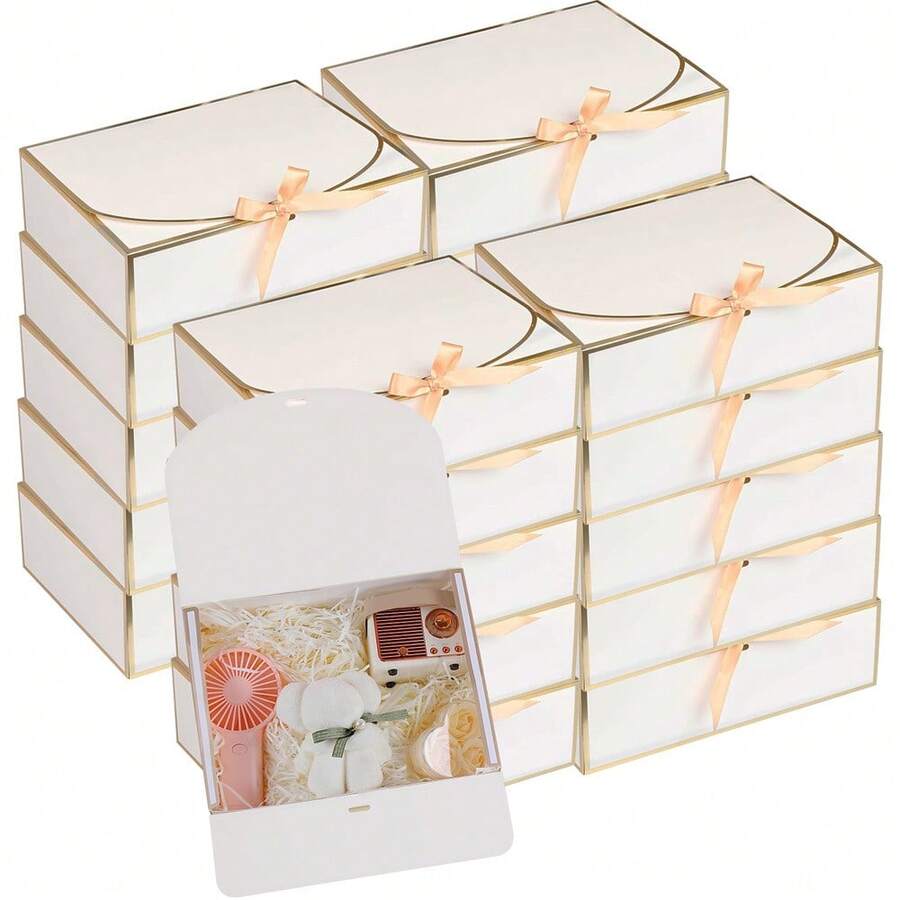 1/6/12 Hộp Quà Màu Trắng Viền Vàng & Nơ Satin, Kích thước 10.6x7.8x3.1 inch, Hộp Quà Cao Cấp Có Khóa Từ, Hộp Quà Gấp Gọn Thích Hợp Cho Đám Cưới, Cầu Hôn, Tiệc Sinh Nhật, Tiệc Mừng Em Bé, Mỹ Phẩm & Quà Tặng - Xem 1