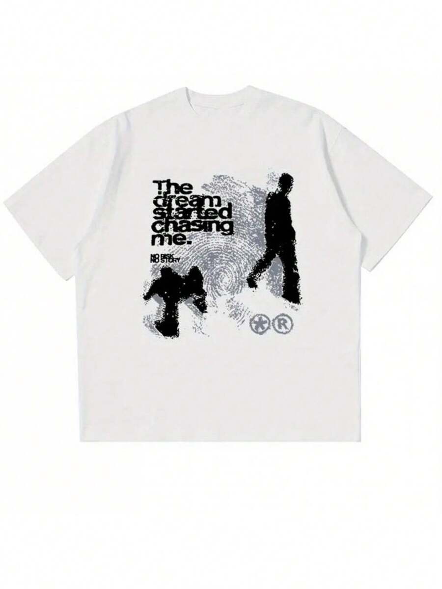 Unisex Y2K 90s Streetwear Style Retro Graphic T-Shirt, Black And White, Dreams And Dream Chasing Print, Casual Round Neck Comfortable All Year Round, Summer Collection - White - View 1