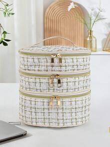 1pc Commuter Style Fabric Double Zipper Makeup Bag, Multi-Layer Design Suitable For Women Travel & Cosmetic Storage - Multicolor - View 3