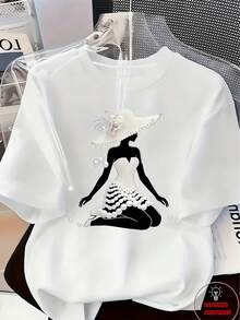 Elegant And Luxurious High-End Outfit With A Touch Of Temperament - Women's Printed T-Shirt - Feminine Design Adorned With Pearls And Crystals | Lightweight Luxury, Gorgeous Everyday Wear | Soft And Breathable Fabric, Casual Spring/Summer Round Neck Short Sleeve T-Shirt - 白色 6 - 查看 8