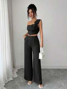 Elegante conjunto de 2 piezas de top sin mangas y pantalones con decoración floral 3D para vacaciones casuales para mujeres - Negro - Ver 6