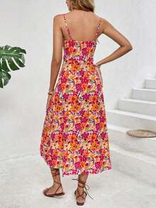 Frenchy Vestido de verano sin mangas para mujer con estampado floral, tirantes espagueti, fruncido en el pecho y abertura en el muslo - Multicolor - Ver 2