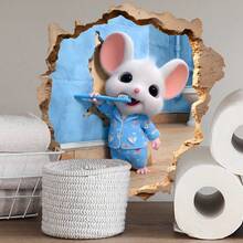 1pc Funny 3D Hole In The Wall Mouse Bathroom Wall Sticker, Cute Pajama Mouse Brushing Teeth Wall Decal - View 5