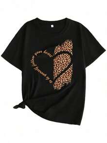 Mujeres Plus Tamaño Informal Corto Manga Camiseta - Negro Leopardo Imprimir Corazón Diseño Con Oro Acentos Redondo Cuello, Máquina Lavable Cómodo Para Todos Estaciones del año, Versátil Ropa Decorativo Texto Imprimir, Cómodo Tela 2026tops Para Mujeres-Vintage Calle Estilo Unisexo Suelto Algodón Corto Manga Tripulación Cuello Camiseta 100% algodón puro - Negro - Ver 1