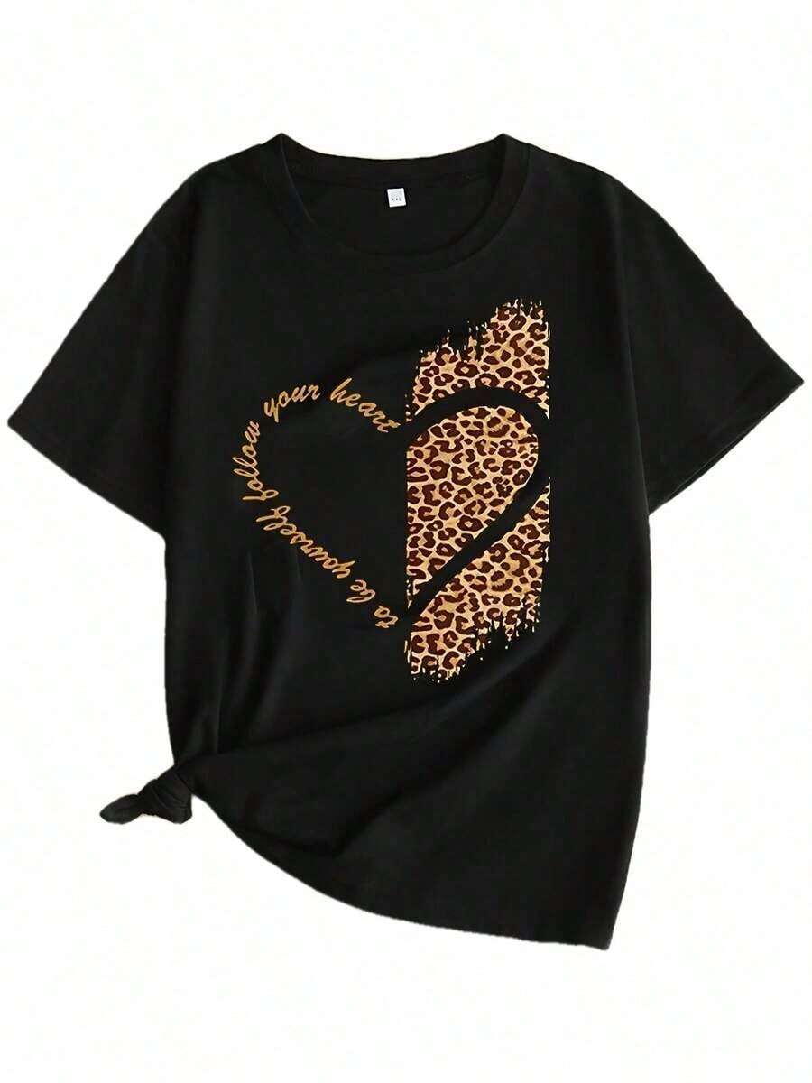 Mujeres Plus Tamaño Informal Corto Manga Camiseta - Negro Leopardo Imprimir Corazón Diseño Con Oro Acentos Redondo Cuello, Máquina Lavable Cómodo Para Todos Estaciones del año, Versátil Ropa Decorativo Texto Imprimir, Cómodo Tela 2026tops Para Mujeres-Vintage Calle Estilo Unisexo Suelto Algodón Corto Manga Tripulación Cuello Camiseta 100% algodón puro - Negro - Ver 1