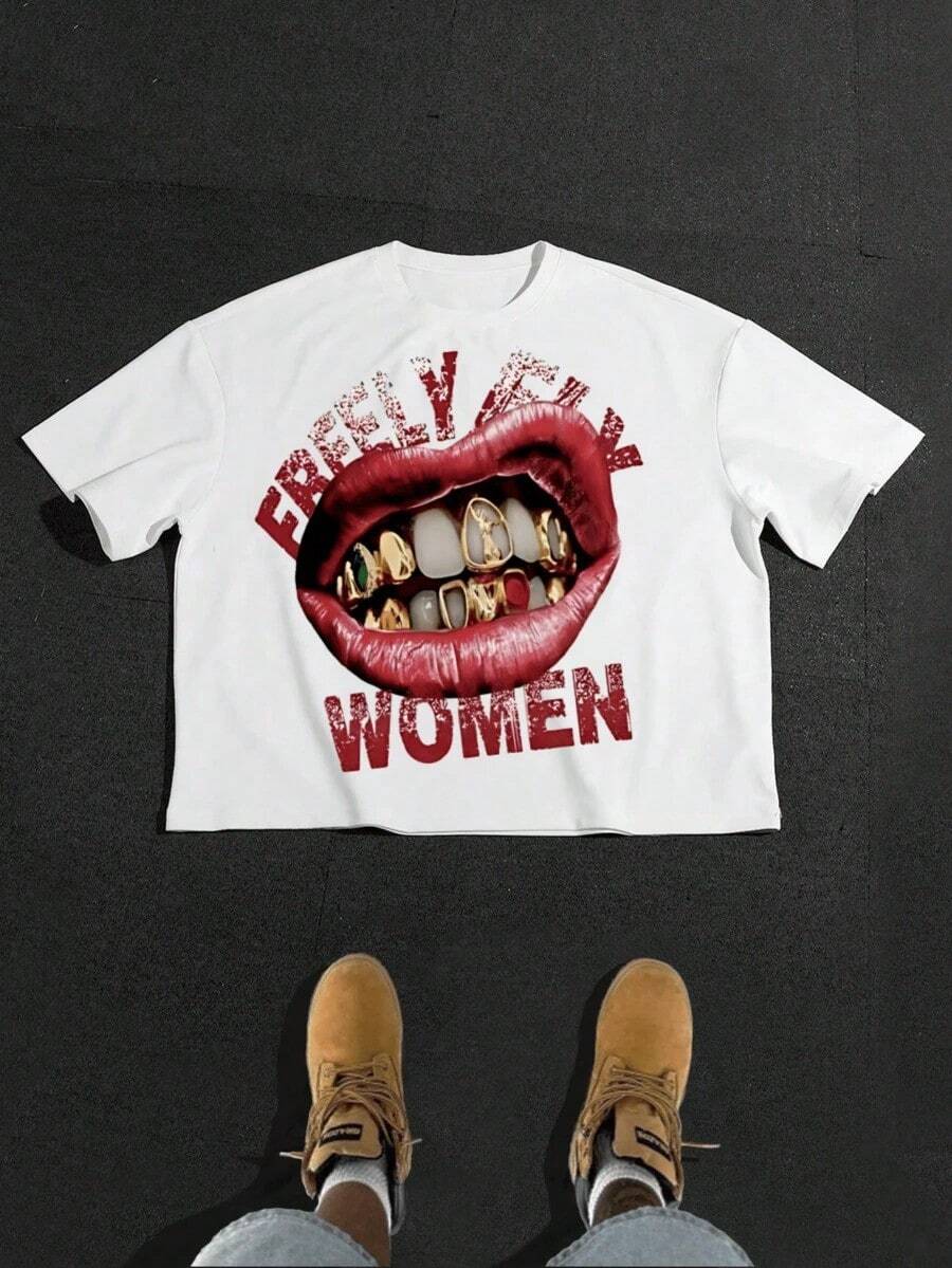 Camiseta Gráfica con Labios Rojos Atrevidos y Dientes Dorados para Mujer, Camiseta Divertida para Mujer, Camiseta Gráfica Cómoda de Cuello Redondo, Casual, de Manga Corta,% Algodón, Verano - Blanco - Ver 1
